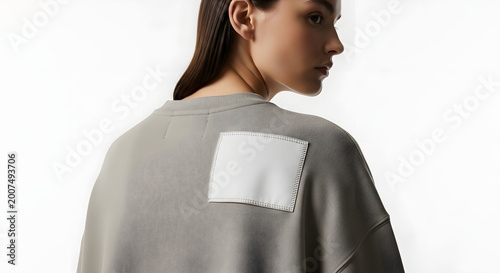 Woman in grey sweatshirt with white patch on transparent background