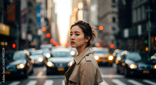 Woman in trench coat crossing street with traffic blurred background