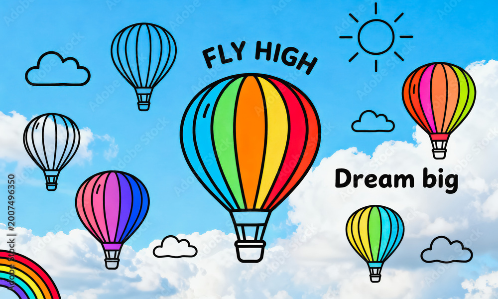 Fototapeta premium This hand-drawn illustration features colorful hot air balloons floating in a sunny blue sky with clouds, sun and rainbow, with inspirational slogans.