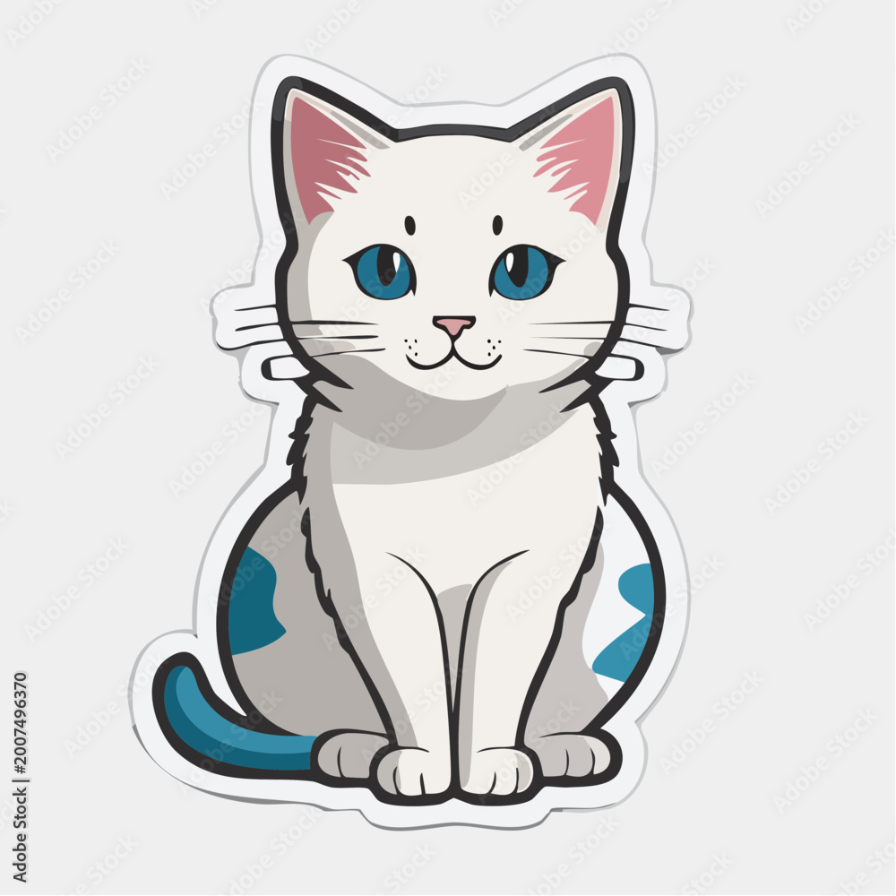 Fototapeta premium Cute Cartoon White Cat with Blue Eyes and Spots