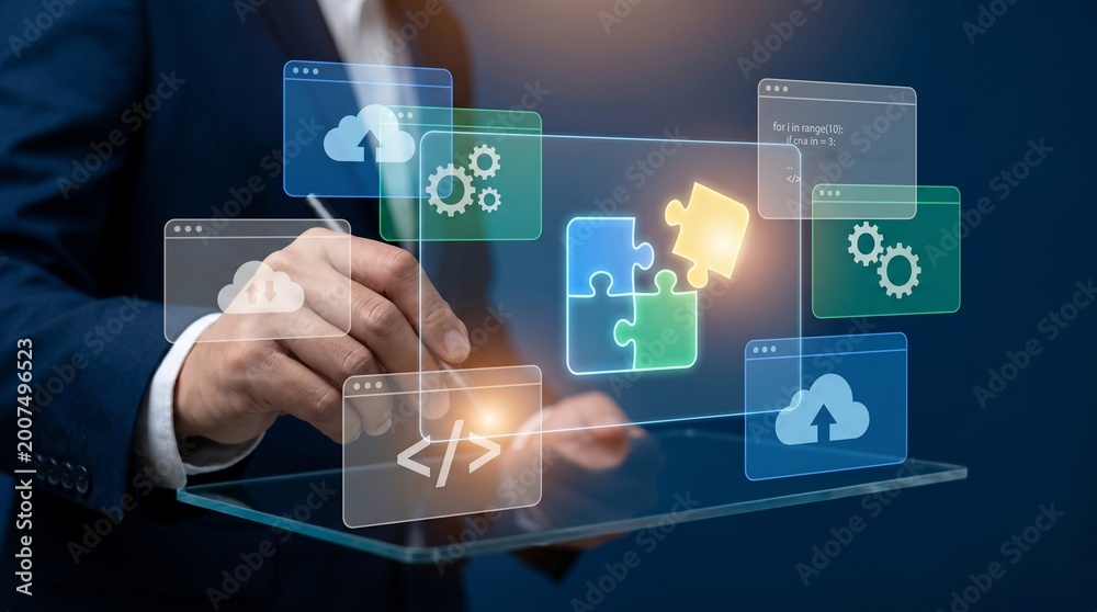 Naklejka premium Business professional interacting with a digital interface showing cloud services and puzzle pieces
