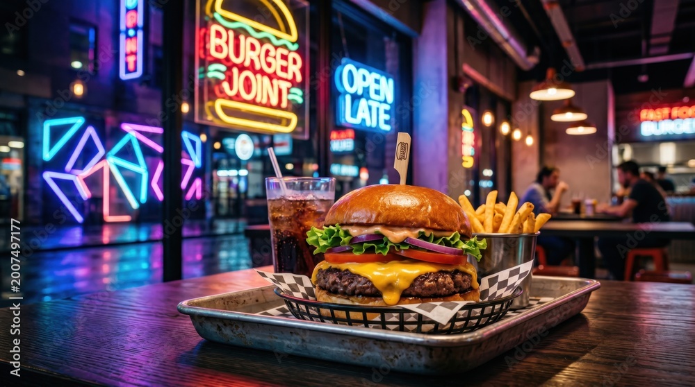 Fototapeta premium Burger with Neon Lights Modern Night Fast Food Style