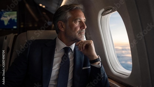 Successful Mature Businessman Traveling in Private Jet Looking Through Window at Sunset