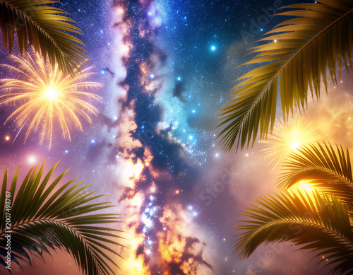 A vibrant and surreal image combines tropical palm leaves framing a dazzling display of fireworks against a backdrop of a swirling, colorful nebula and starry sky.