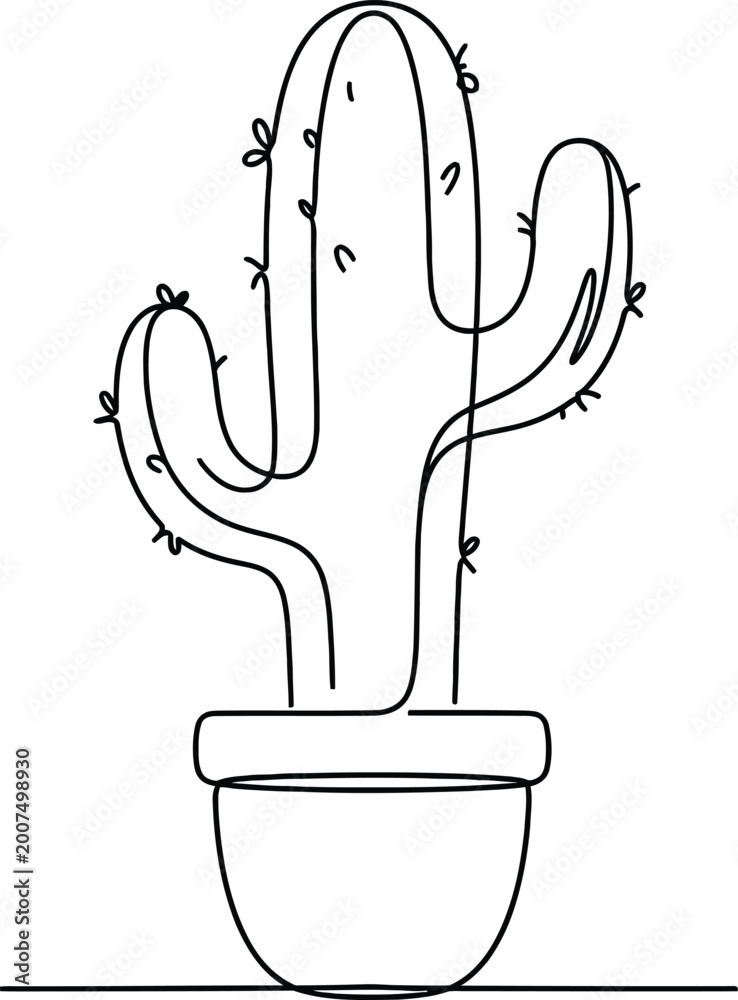 Obraz premium Hand artistic drawn cactus in a simple pot illustration on a light gray background