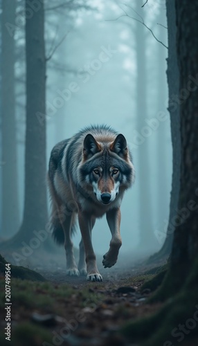This photograph shows a lone grey wolf standing wary in a misty, enchanted forest