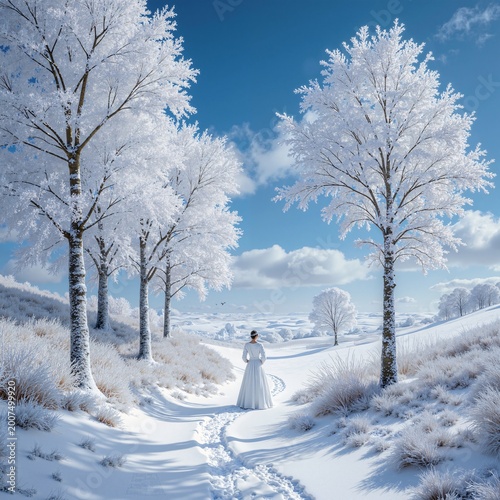 This photograph depicts a serene winter landscape, where a woman in a long white dress walks along a snowy path surrounded by trees covered in frost