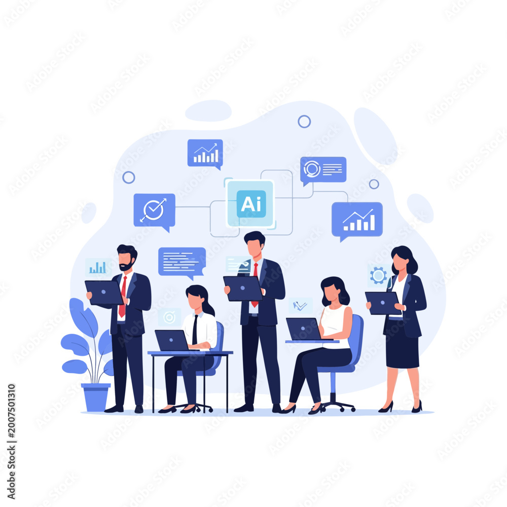 Naklejka premium Business team using AI and laptops for data analysis and work