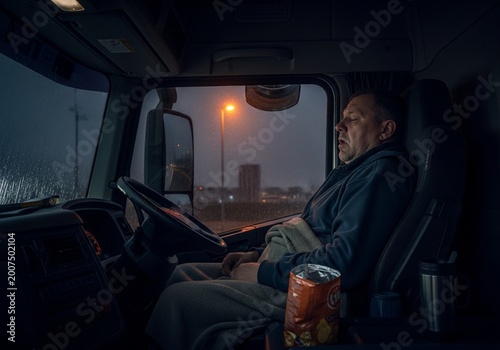 Tired Truck Driver Sleeping in Truck Cabin During Night Rest Break