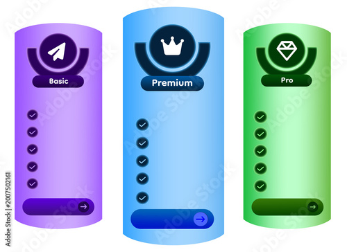 Tableau sur toile Futuristic Gradient Pricing Cards UI with Layered Circular Icon Frames, Neon Glo
