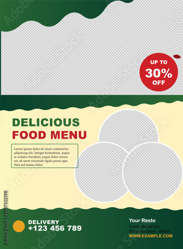 Delicious food menu flyer template with eggs illustration and discount offer
