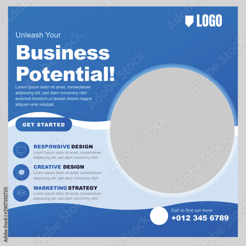 Modern business advertisement poster with blue background and white text, featuring services