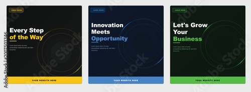 Three vibrant posters with motivational quotes for business success and innovation