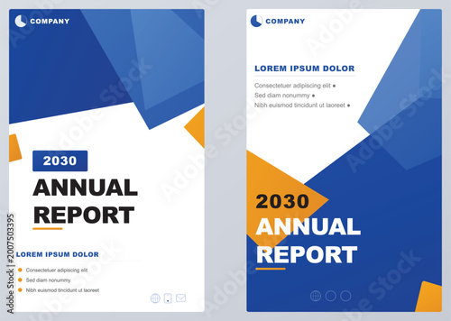 Modern corporate annual report cover design with geometric shapes and blue accents, 2023