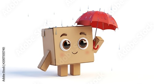 Cute 3d cardboard box character holding an umbrella isolated on white background