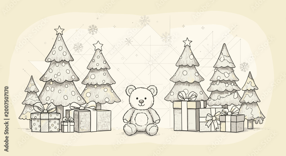 Fototapeta premium Hand-drawn holiday scene with several decorated Christmas trees, many gift boxes, and a cute teddy bear.