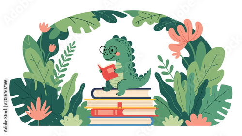 Small green dinosaur wearing glasses sits on a stack of books reading a story surrounded by large tropical leaves and flowers.
