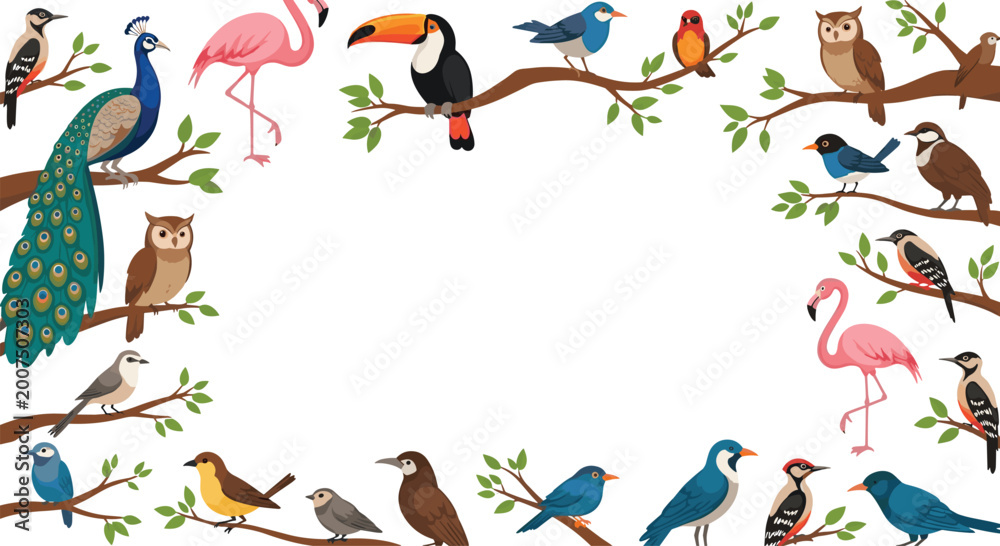 Naklejka premium Colorful collection of diverse bird species including a peacock, flamingo, toucan, owl, and various songbirds perched on leafy branches.