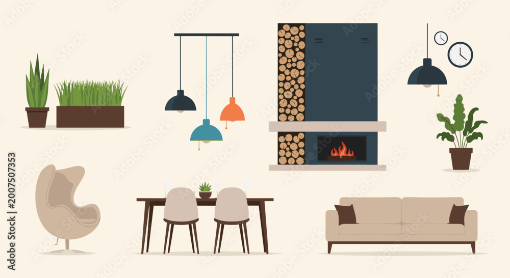 Fototapeta premium Collection of home interior elements including indoor plants, modern pendant lights, a fireplace with wood logs, a sofa, and a dining set.