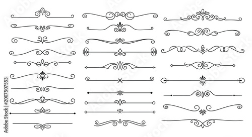Elegant set of black decorative flourishes and calligraphic dividers for formal document headers book design or vintage wedding invitations.