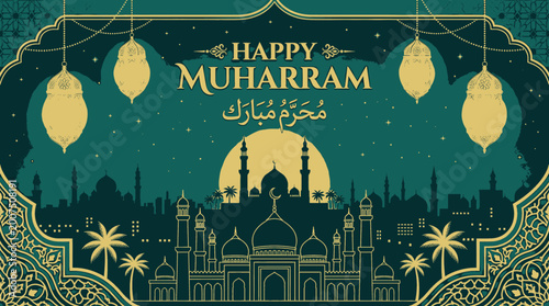 Festive greeting for a new year celebration featuring Islamic architecture silhouette and hanging lanterns under a glowing moon evoking a sense of community and religious observance with
