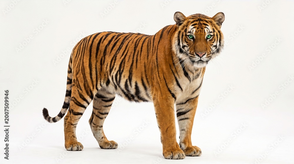 Fototapeta premium A majestic Bengal tiger stands proudly in a studio setting with a clean white background, showcasing its iconic orange and black stripes.
