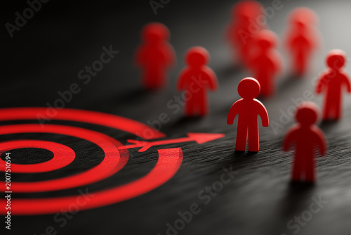 Red dartboard and black arrow connection linkage with human icon for customer focus target group and customer relation management concept