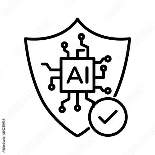 Tableau sur toile AI security shield icon with circuit chip and check mark minimal line vector