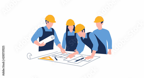 Construction team planning blueprint, teamwork, collaboration, engineering
