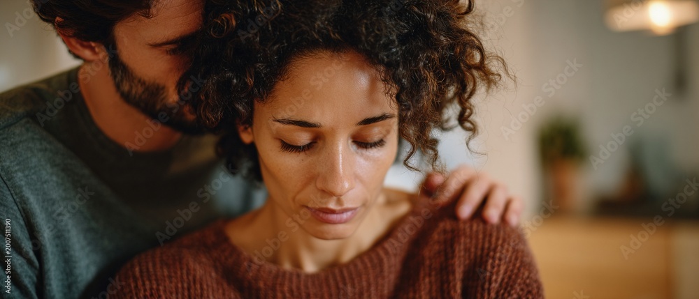 Fototapeta premium A loving spouse comforts a somber, depressing moment