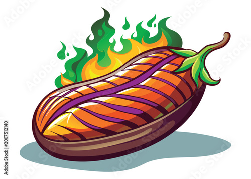 Vector illustration of a Grilled eggplant. on fire.