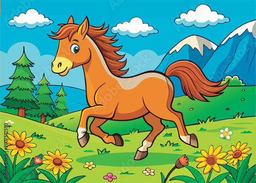 Happy horse running through a meadow.