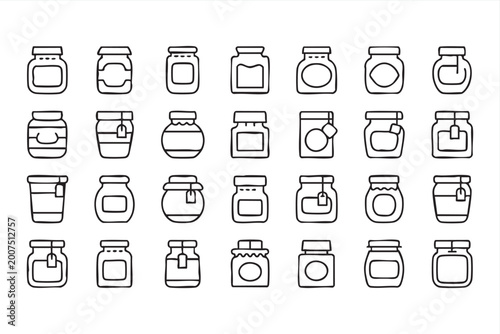 Fotografie Food container icons, glass jars for jam honey and grocery packaging concepts