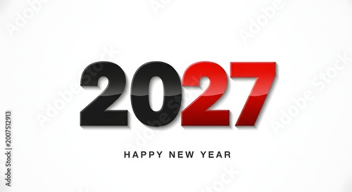 Bold new year graphic '2027' in black and red with 'happy new year' text below