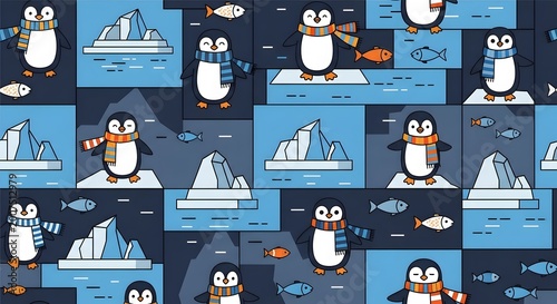 Cute penguin seamless pattern, winter arctic birds with scarves and icebergs, flat vector illustration for nursery wallpaper and textile design