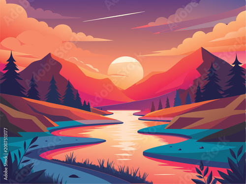 Colorful sunset over a serene mountain lake.