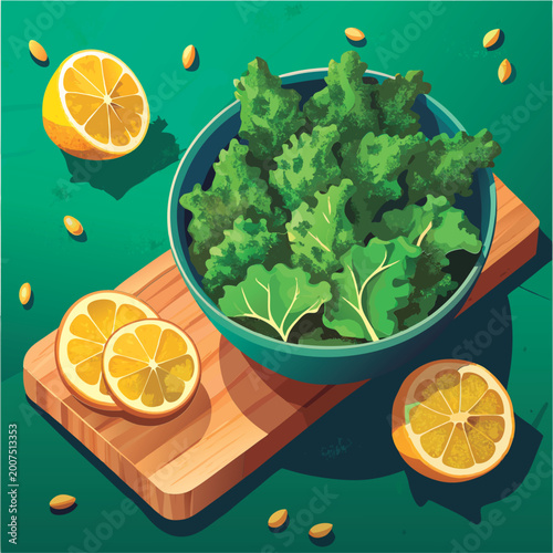 Fresh kale salad with lemon slices.
