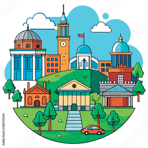 Colorful cityscape illustration of a town.