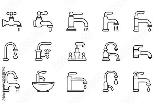Water faucet icons, plumbing tap set for kitchen sink and bathroom fixtures