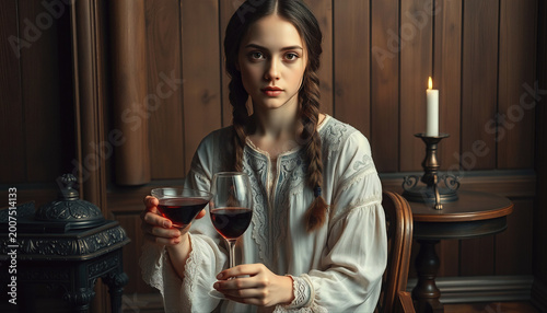 Young woman in a period dress holding two red wine glasses in a dimly lit room with candlelight for a historical elegance concept and contemplative mood