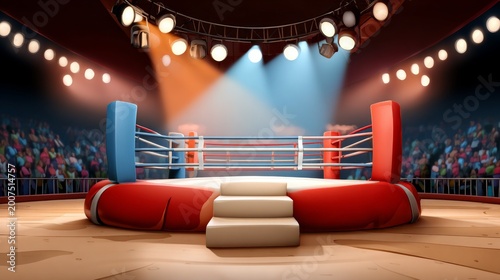 A vibrant boxing ring ready for the match, highlighted by dramatic lighting.