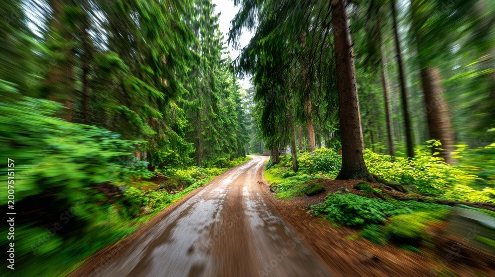 Fototapeta premium A scenic forest path winding through lush green trees on a rainy day.