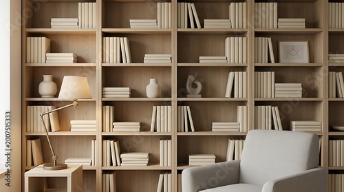 Professional virtual zoom background a serene reading nook. Wooden bookshelves, books, an armchair, and warm lighting create an ideal setting for online meetings