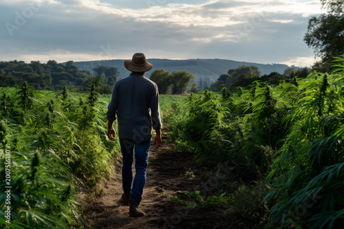 Inspecting a hemp field while walking through dense plants in the early morning light near a rural area