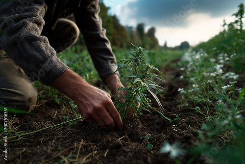 Harvesting hemp plants in a field during manual work at sunset near a rural area