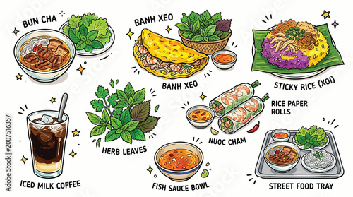 Konstfotografi A vibrant illustration showcasing a variety of popular Vietnamese dishes and drinks, including Bun Cha, Banh Xeo, Sticky Rice, Rice Paper Rolls, and Iced Milk Coffee
