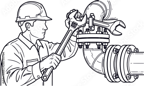 Plumber Repairing Industrial Pipe with Wrench Line Art Vector Illustration