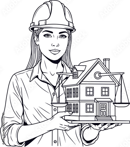 Professional woman in hard hat balancing real estate house on a scale, symbolizing property valuation and legal equity