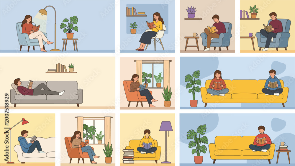 Fototapeta premium People reading books at home in cozy living room scenes with sofa armchair and indoor plants illustration set