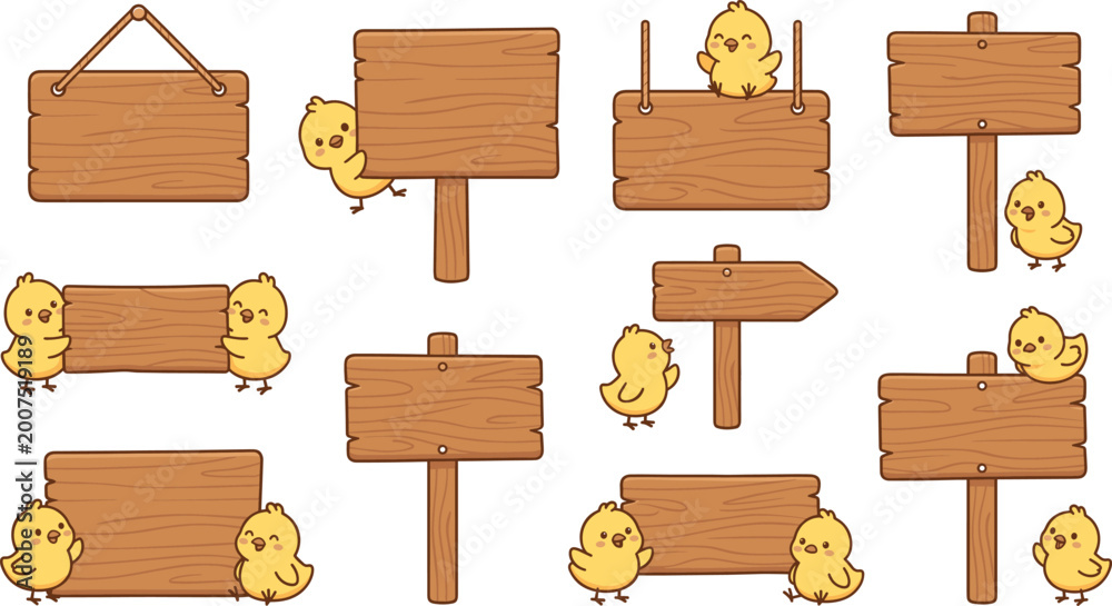 Fototapeta premium Cute Baby Chick Mascot Collection with Blank Wooden Signs and Rustic Directional Boards for Spring Easter Holidays Educational Materials and Kids Party Design Projects